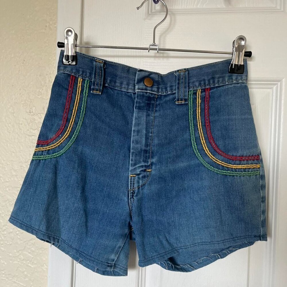 Kids 70s retro rainbow embroidered denim shorts by Sears, Roebuck & Co. - Picture 4 of 6